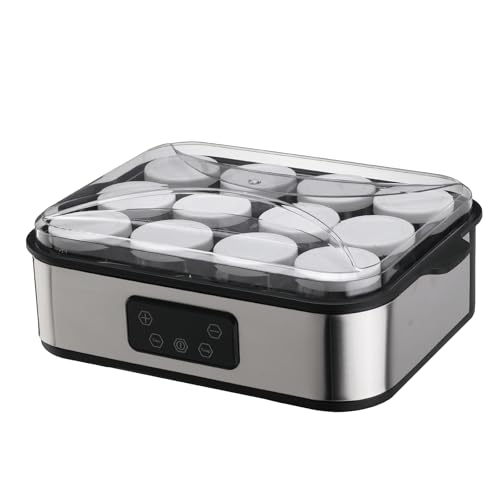 Yogurtera Quesera, Yogurtera 12 tarros de cristal 180 ml, programable, pantalla LCD, cuerpo de acero inoxidable, yogurtera eléctrica - Para preparaciones caseras