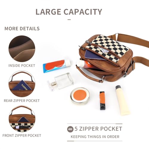 Checkered Crossbody Bags Leather Handbag Black and White Purse Checkered Purses for Women3