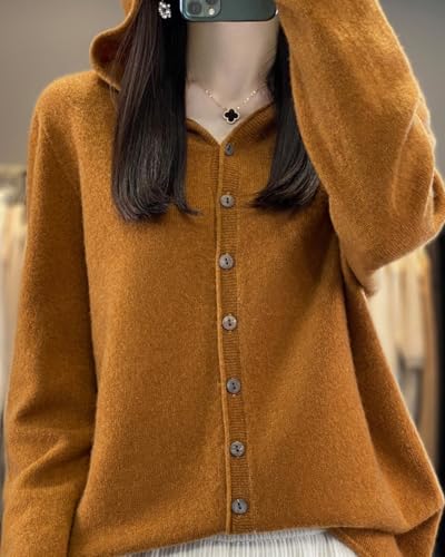 Image of Cashmere Sweaters for Women Button Down V Neck Hooded Cardigan Casual Loose Long Sleeve Soft Knit Pullover Tops