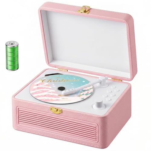 Image of Gueray Retro CD Player Portable Bluetooth: Vintage CD Players for Home with Speakers CD-Player 3600mAh Rechargeable & Radio & Remote Control Support USB /AUX Playback Headphone Jack (Pink)