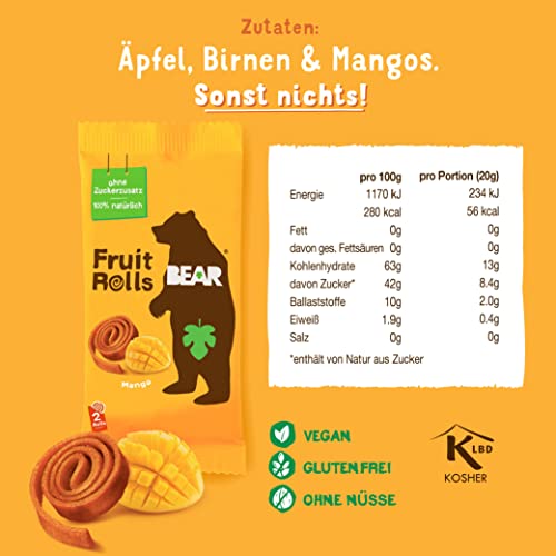 BEAR Fruchtrollen Mango | 100% Natürliche Inhaltsstoffe | Ohne Zusatz von Zucker | Gesunder Snack für Kinder & Erwachsene | 18 Beutel x 20g | 360g