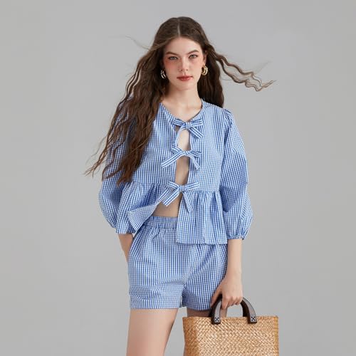 Image of Yuemengxuan Women Y2k Two Piece Plaid Lounge Sets Puff Sleeve Tie front Blouse Top High Waist Shorts Casual Pajamas Sets