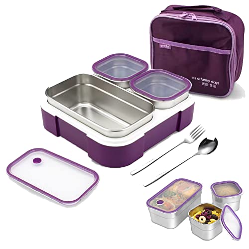 GGEROU Stainless Steel Lunch Box for Kid School Insulated Bento Lunch Box with Tableware & Bag 720ML 3 Compartment Divided Lunch Containers with Lids Leakproof | BFA Free | Dishwasher Safe (Purple)