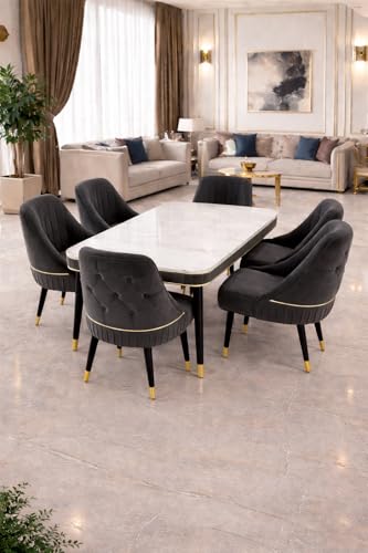 Image of WOODEN SPACE 6-Seater Wooden Dining Table Set | Nano Composite Marble Top | Solid Wood Base | Modern Dining Room Furniture with 6 Chairs (Black Grand Aura)