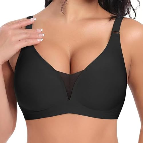 GWAWG BH Damen Ohne Bügel Push Up BHS Gepolstert Nahtloser Soft Bra Jelly-Streifen V-Ausschnitt mit Spitze Bequem Bustier BH Alltag Sport (DE/NL/SE/PL, Alphanumerisch, M, Regular, Regular, Schwarz)