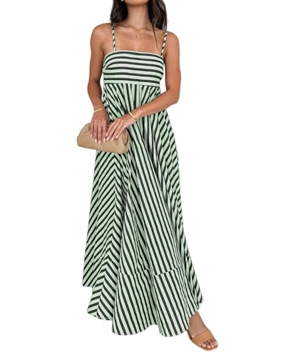 Image of NUFIWI Women Summer Striped Maxi Dress Spaghetti Strap Cutout Ruffle Long Dress Flowy Swing Beach Vocation Dress