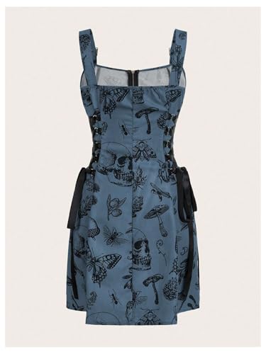 Image of SOLY HUX Women's Gothic Zipper Bodycon Mini Dress Skull Print Tie Up Sleeveless Mini Dresses