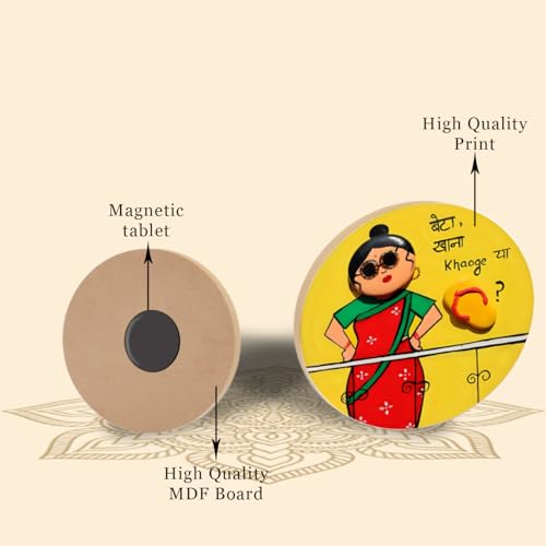 Image of LIVELLO Wooden Fridge Magnets for Home & Kitchen | Gift Items | Refrigerator Decorative Magnet | Funny Magnets | Kitchen Funny | Indian Cultural Themed Magnets (Multicolor 1)