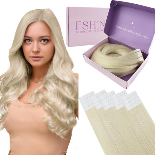 Fshine Blonde Tape in Extensions Real Human Hair,20 Inch 20 pcs 50 g,Straight Invisible Hair Extensions Color 1000 White Blonde,For Women Ladies Girls