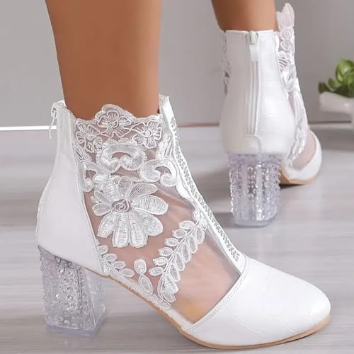 Women's Lace Flowers Chunky High Heels Ankle Boots Round Toe Embroidered Leather Fashion Short Booties with Back Zipper Sexy Fall Boots for Wedding Party Shoes3