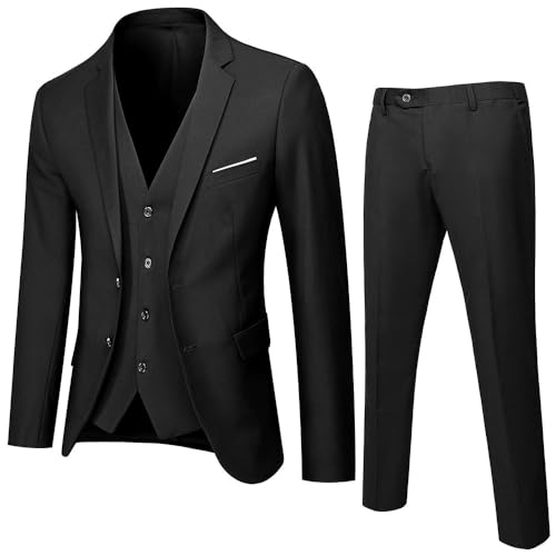 Slim Fit Business Men’s 3 Piece Suit Set Pants Vest Formal Tuxedo Wedding Groom Party Prom Dress Suit(Black,Medium)