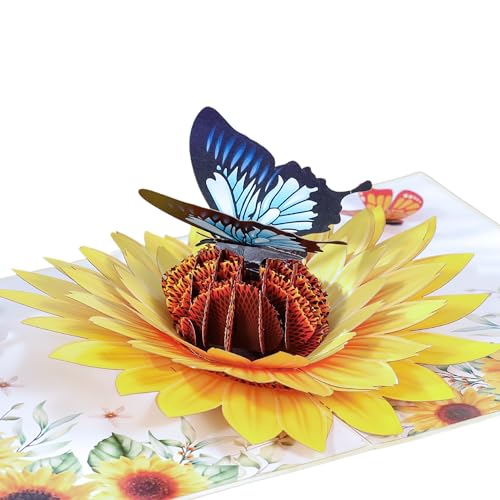 Image of Sunflower Pop Up Birthday Card, 3D Blue Butterfly Card for Women, Wife