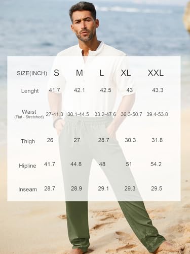 Image of iWoo Linen Pants Men Casual 2025 Summer Beach Elastic Drawstring Waist Yoga Pants Travel Baggy Work Pant Pajama