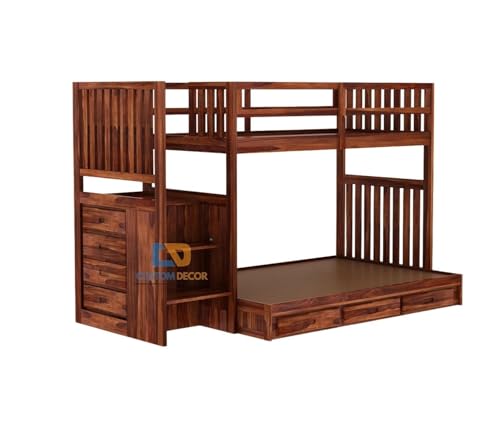 Image of Custom Decor Sheesham Wood Bunk Bed | Wooden Double Bed Bed Furniture for Bedroom | Living Room | Home (Spring-N)