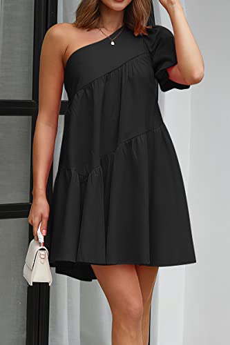KIRUNDO Summer One Shoulder Mini Baby Doll Dresses Women 2025 Casual Puff Sleeve Loose Tiered A Line Flowy Short Dress3