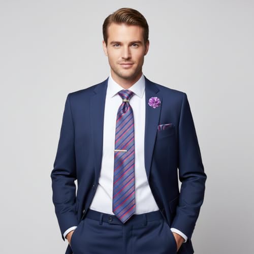 Image of 5PCS Mens Silk Tie, Pocket Square, Cufflinks, Drilled Tie Ring and Lapel Pin Set for Wedding Groom Party