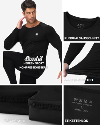 Runhit Kompressionsshirt Herren, Funktionsshirt Langarm Atmungsaktiv Laufshirt Sportshirt Männer Schnelltrocknendes Langarmshirt mit UPF 50+ UV-Schutz für Fitness Laufen Jogging Gym Schwarz L
