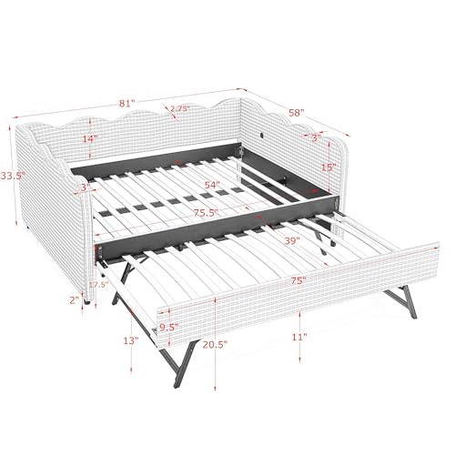Image of KEIKI Full Size Upholstery Daybed with Trundle and USB, Full to King Design Adorable Wave Shaped Extendable Linen Sofa Bed, Easy Assembly, No Box Spring Required, for Living Room and Bedroom, Green