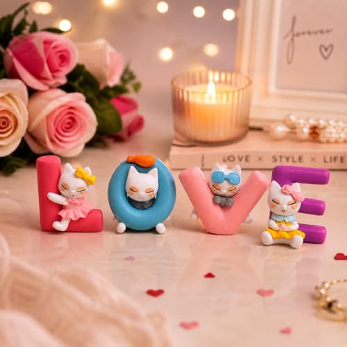 Image of 1 Set LOVE Letter Miniature Showpiece for Car Dashboard Desk Table Decor Cute Cat Couple Resin Figurine Romantic Gift for Girlfriend Boyfriend Anniversary Valentine Birthday Home Decoration