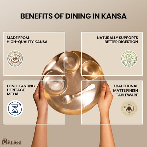 Image of Pure Kansa Dinner Set 5 Pieces | Bronze Thali Set 12 Inch Plate, 2 Bowls, 1 Glass, 1 Spoon | Handcrafted Ayurvedic Kansa Utensils | Matte Finish | Gift for Diwali Wedding Housewarming