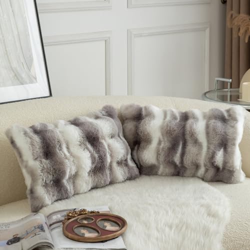 Image of MANDIOO Pack of 2 Thick Plush Wool Decorative Throw Pillow Covers Super Soft Wave Bubble Fur Velvet Cushion Covers Pillow Shams for Couch Bed Living Room 16x24 Inch White Gray