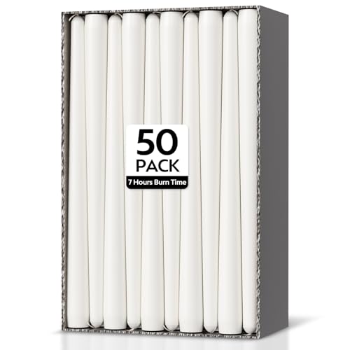 Taper Dinner Candles Unscented White Non-Drip Table Candlesticks 7-Hour Burn Time Long-Burning Tapered Candles Paraffin Wax with Cotton Wicks 50 Pack