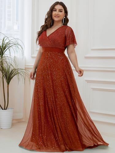 Image of Ever-Pretty Plus Women's Glitter Formal Dress Evening Gown for Gala V-Neck Short Sleeve Floor Length Plus Size Prom Dresses