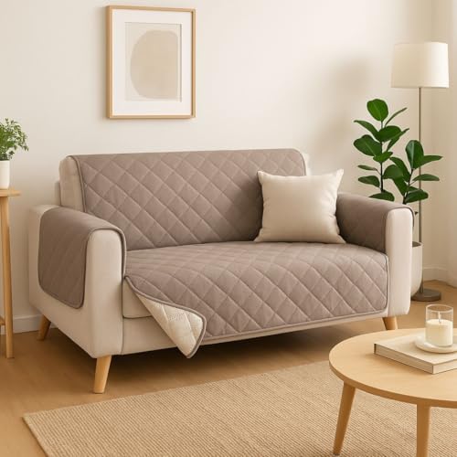 Protector de Sofá Reversible e Impermeable en Funda Antimanchas y Antideslizante – Resistente a Mascotas y Arañazos – Fácil de Poner y Lavar (MARRON/BEIGE, 2 PLAZAS)
