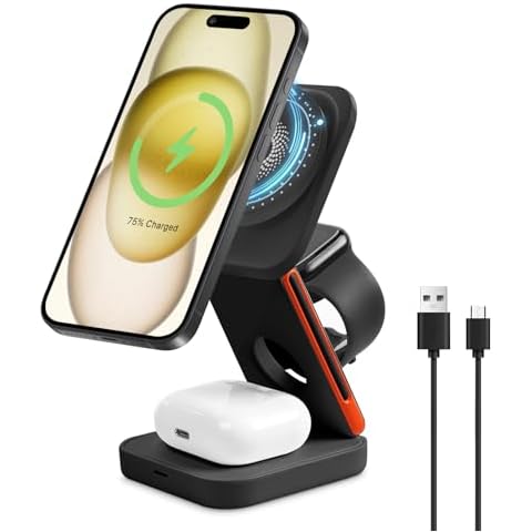 Upgrated 3 in 1 Wireless Charging Station Foldable Fast Wireless Charger Magnetic Wireless Charging Stand for iPhone 16 15 14 13 12 Pro Max for Apple Watch 9 8 7 6 5 4 3 2 for AirPods 3 2 Pro (Black) Cover