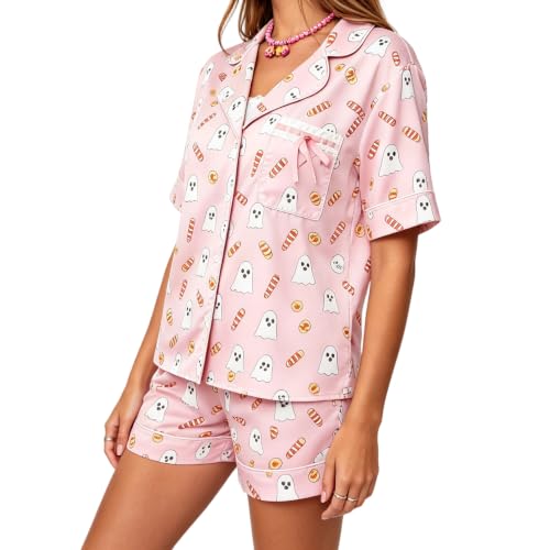 Image of Women Holiday Satin Pajamas Short Sleeve Shirts Shorts Set 2pc Loungewear