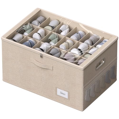 Shoe Organizer for Closet, Shoe Box Storage Containers Fit 18 Pairs, Foldable Shoe Storage Bins with Clear Cover & Adjustable Dividers For Shoes Blankets Linen Clothing (Beige, (24.4*16.5*12.9)x1) by FHSQX - Used condition - CA$26.29