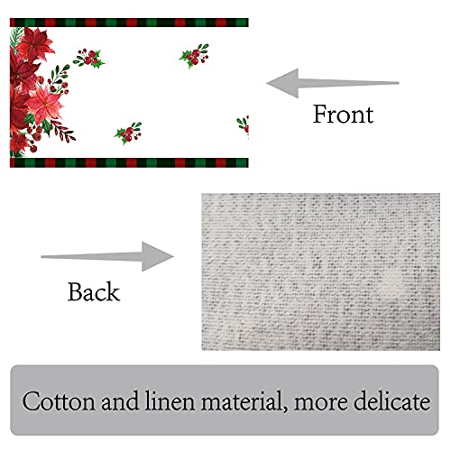 CREATCABIN Christmas Table Runner Poinsettia Red Green Black Check Plaid Washable Cotton Linen Dresser Decor for Xmas Family Dinner Party Wedding Table Runners Decoration 70.8 x 11.8inch - Image 4