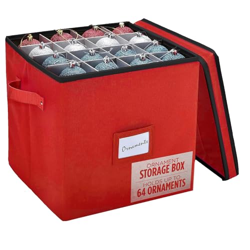 Image of Handy Laundry, Christmas Ornament Storage - Stores up to 64 Holiday Ornaments, Adjustable Dividers, Covered Top, Two Handles. Storage Box Keeps Holiday Decorations Clean & Dry for Next Season. (Red)