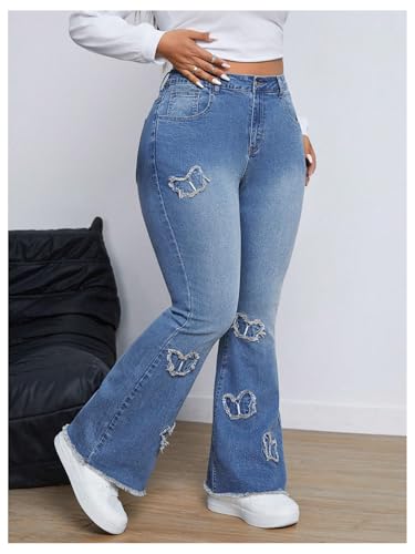 MakeMeChic Women's Plus Size Ripped Raw Hem Jeans Pocket Bell Bottom Y2K Long Denim Pants3