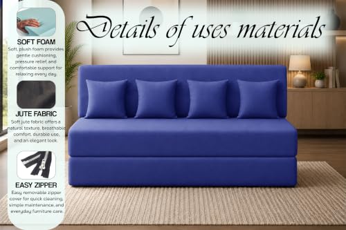 Image of Sofa Cum Bed with Jute Fabric, Convertible Four Seater Sofa Bed 6x6 Ft, Comfortable Cushioned Seating, Space Saving Design for Living Room, Bedroom & Guest Room - Blue Color
