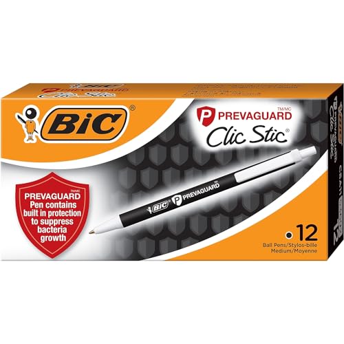 BIC PrevaGuard Clic Stic Ballpoint Pen With Built-in Protection To Suppress Bacteria Growth, Medium Point (1.0mm), Black, 12-Count
