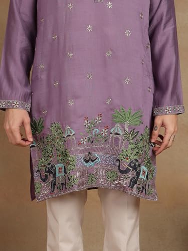 Image of Amazon Brand - Tavasya Men Printed Kurta with Ethnic Motif Border | Special Haldi Kurta | Festive Embellished Long Kurta | Embroidery Kurta | Ethnic Wear | Mandarin Collar | Knee Length