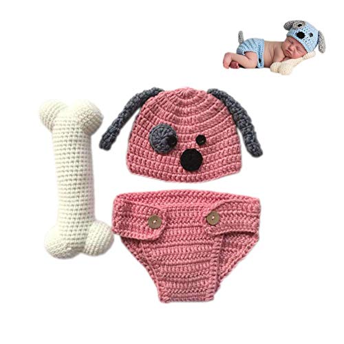 Newborn Infant Baby Girls Photography Props Handmade Knit Puppy Dog Hat Shorts with Bone (Rosy)