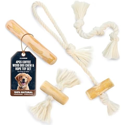 GOWGOW 4 Pack Real Coffee Wood Stick for Dogs 15-40 lbs, Puppy Teething Toys, 100% Natural Puppy Wood Chew Toys, Stress Relief - Woodden Bones for Dogs - Natural Rope Toys Cover