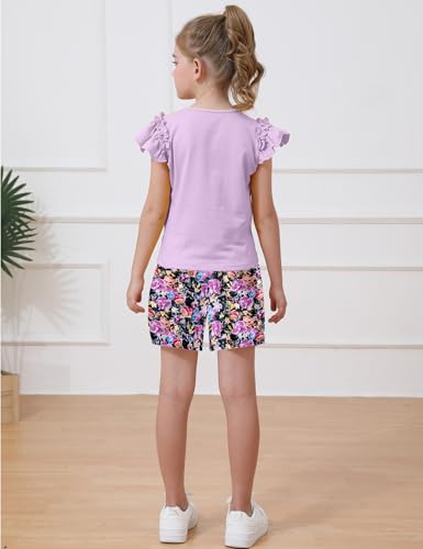 Image of mksodop Girls outfits 2-Piece ruffled short sleeve butterfly floral print high waist floral shorts girls summer clothes