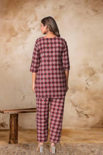 Image of Women's Pure Cotton Printed Night Suit,Top and Relaxed Pajama Set, Stylish Sleepwear, Casual Wear