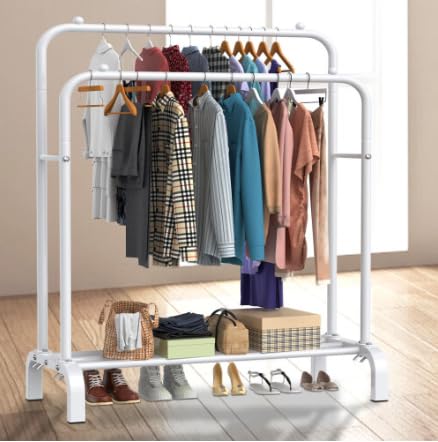 Heavy Duty Clothes Rail - Sturdy Black Metal Rack with Double Hanging Rods, Shoe Rack Shelf, 4 coat hooks, Freestanding Wardrobe Rail for Bedroom, Shop - Black Clothing Rack (Without Wheels) (White)