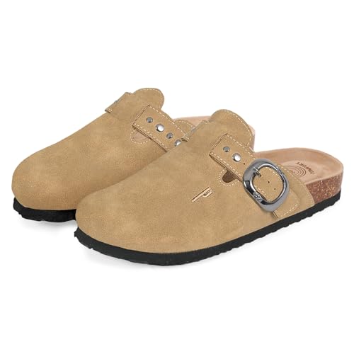 PERLETTI Sandalias Mujer Invierno Verano Cómodas Ligeras - Zapatillas de Estar por Casa con Suela Antideslizante - Sandalias de Vestir Planas Cerradas para Mujeres Hebilla Ajustable (Arena, 40)