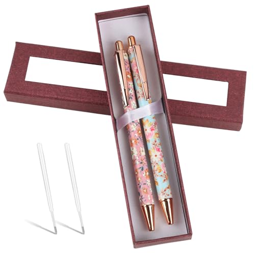 Goerpn 2Pcs Floral Metal Ballpoint Pens 1.0 mm Click Retractable Pretty Pen Sets Black Ink Nice Fancy Pens in Gift Box for Women Ladies Mother Father Teachers Girls