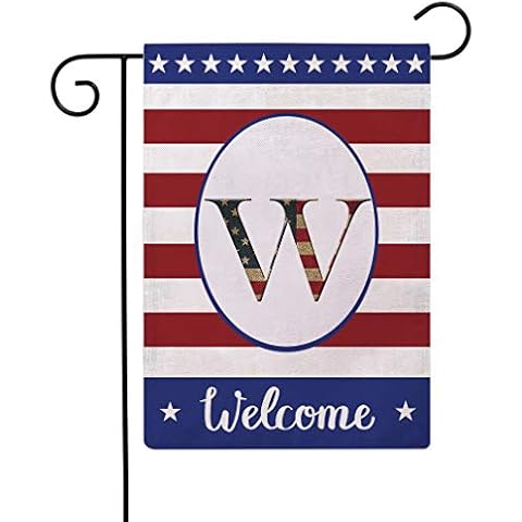 Patriotic Decorative Flag Initial Letter Garden Flags with Monogram W Double Sided American Independence Day Flag Welcome Burlap Garden Flags 12.5×18 Inch for House Yard Patio Outdoor Decor(W) Cover