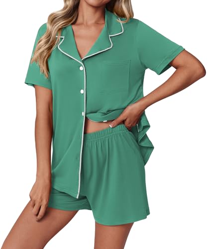 Image of Ekouaer Pajamas Set for Women 2 Piece Pjs Short Sleeve Sleepwear Button Down Lounge Shorts Sets S-XXL