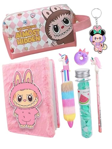 Image of TOOYEP 7 Pcs Monster doll Mystery Gift Combo Set For Girls Kids Unicorn Stationery Set Age 6-8 Years 10-12 I Diary,fur pen, pouch, Eraser, paper soap & pencil (Rainbow Monster Doll)