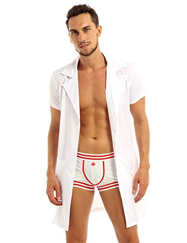 CHICTRY Traje Disfraz de Doctor Médico Hombre Cosplay Sexy Enfermero Uniforme Bata Blanca Laboratorio con Boxer Ropa Interior Erótica Juego de rol Sexy Hombre Blanco Medium