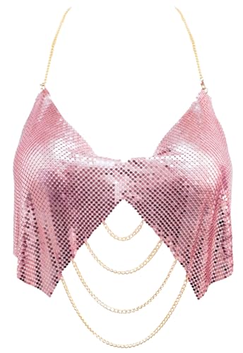 SEAUR Pailletten Metallic Top für Frauen Origineller Bikini-BH Nachtclub Körperhängekette Halter Crop-Top mit Brustaufklebern Roségold M