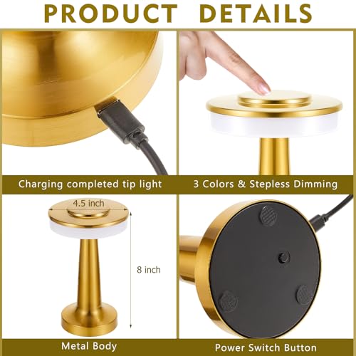 Image of Riakrum 24 Pcs LED Cordless Table Lamp Bulk Rechargeable,Gold | Portable Wireless Lamps, 3 Color Stepless Dimming, 15 Hour Battery, Touch Control, Wedding Home Restaurant Decor